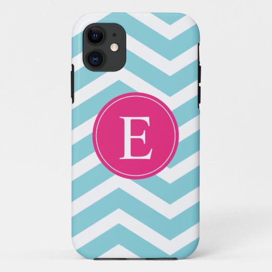 Blauwe witte Chevron Bright Roze Monogram Case-Mate iPhone Case (Achterkant)