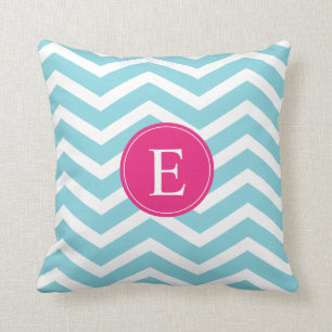 Blauwe witte Chevron Bright Roze Monogram Kussen