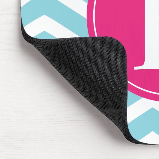 Blauwe witte Chevron Bright Roze Monogram Muismat (Hoek)