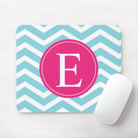 Blauwe witte Chevron Bright Roze Monogram Muismat (Met muis)