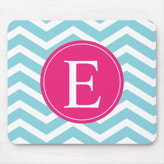 Blauwe witte Chevron Bright Roze Monogram Muismat (Voorkant)