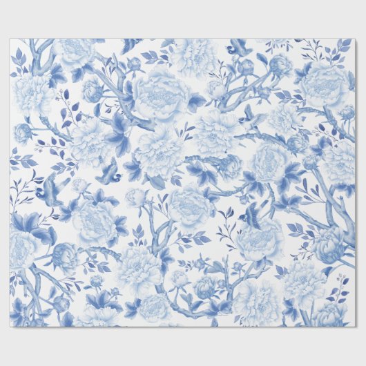 Blauwe witte Chinoiserie Flowers vogels Porcelain Cadeaupapier (Vlak)