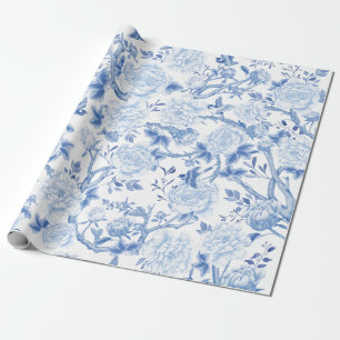 Blauwe witte Chinoiserie Flowers vogels Porcelain Cadeaupapier