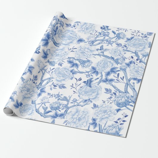 Blauwe witte Chinoiserie Flowers vogels Porcelain Cadeaupapier (Uitgerold)