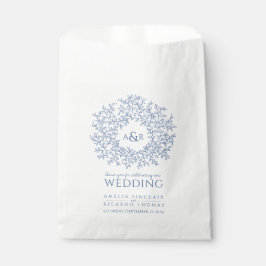 Blauwe witte cirkel bladtekenmonogram bruiloft bedankzakje