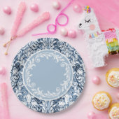Blauwe witte Damask Floral Swirls personaliseren Papieren Bordje (Feest)