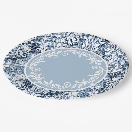 Blauwe witte Damask Floral Swirls personaliseren Papieren Bordje (Gekanteld)