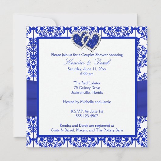 Blauwe, witte Damask-stellen Shower Invitation Kaart (Achterkant)