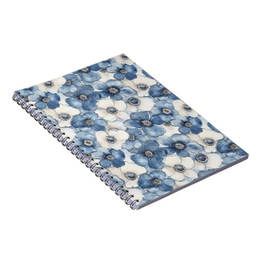 Blauwe witte denim bloemen notitieboek (Rechterzijde)