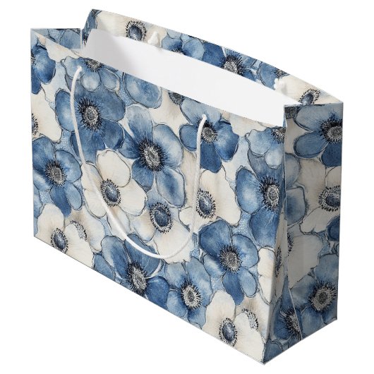 Blauwe witte denim bloemen verjaardag groot cadeauzakje (Achterkant Gekanteld)