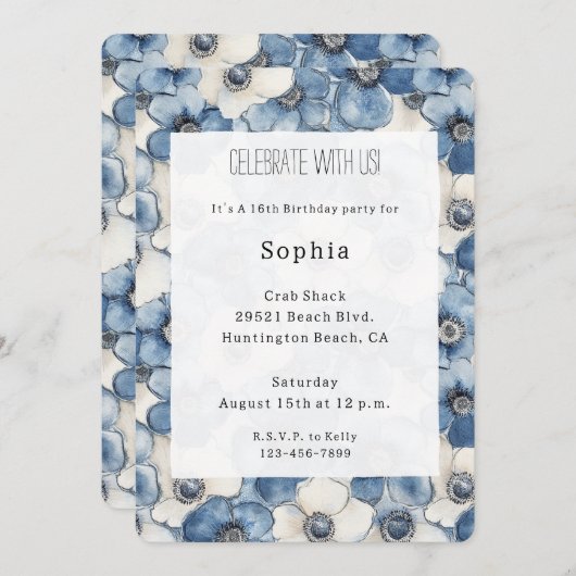 Blauwe witte denim bloemen verjaardag kaart (Voorkant / Achterkant)