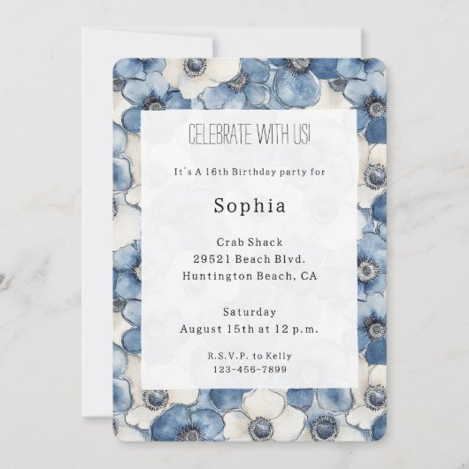 Blauwe witte denim bloemen verjaardag kaart (Voorkant)