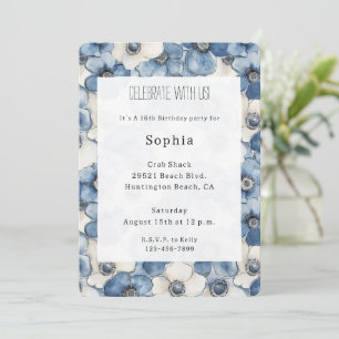 Blauwe witte denim bloemen verjaardag kaart