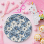 Blauwe witte denim bloemen verjaardag papieren bordje (Feest)