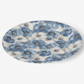 Blauwe witte denim bloemen verjaardag papieren bordje (Gekanteld)