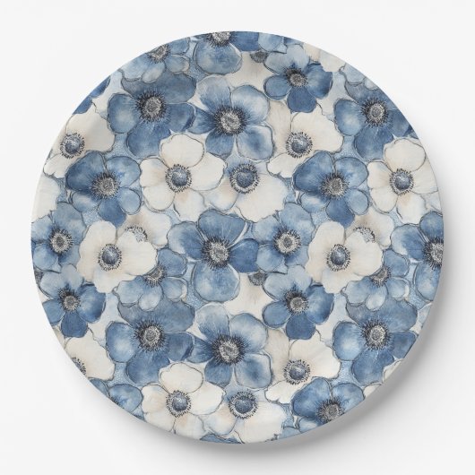 Blauwe witte denim bloemen verjaardag papieren bordje (Voorkant)