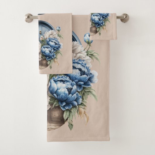 Blauwe, witte en beige  Peony-handdoekset Bad Handdoek (Insitu)