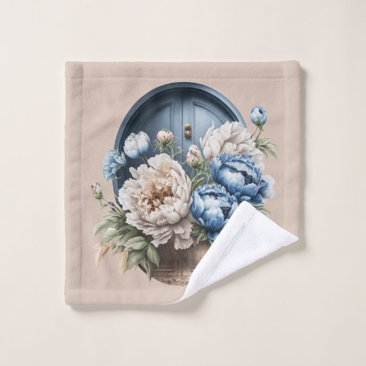 Blauwe, witte en beige  Peony-handdoekset Bad Handdoek (Wasdoekje)