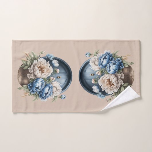 Blauwe, witte en beige Peony-handdoekset Bad Handdoek (Handdoek)