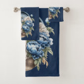 Blauwe, witte en beige Peony-handdoekset Bad Handdoek (Insitu)