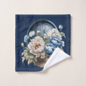 Blauwe, witte en beige Peony-handdoekset Bad Handdoek (Wasdoekje)