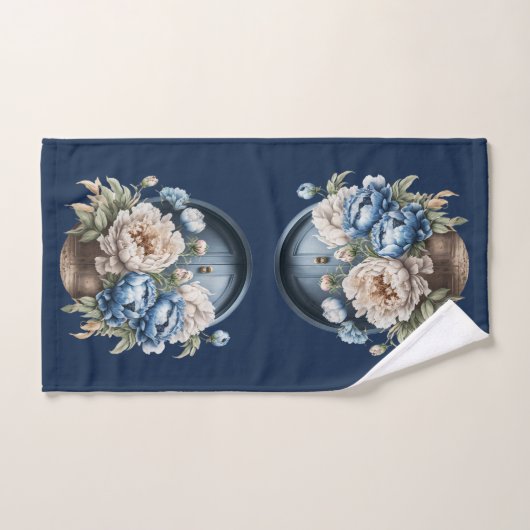Blauwe, witte en beige Peony-handdoekset Bad Handdoek (Handdoek)