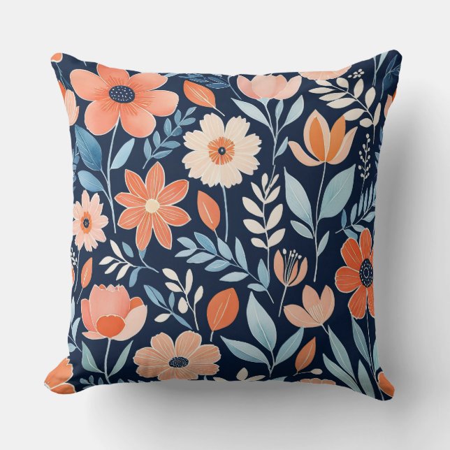 Blauwe, witte en oranje boho bloemen kussen (Voorkant)