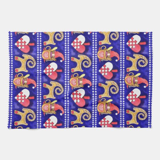 Blauwe witte en rode Zweedse kerstWaterverf Theedoek (Horizontaal)