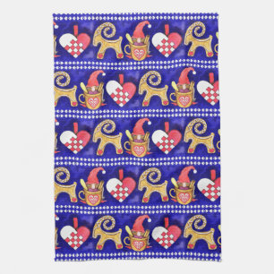 Blauwe witte en rode Zweedse kerstWaterverf Theedoek