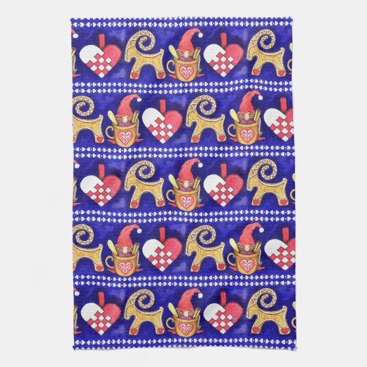 Blauwe witte en rode Zweedse kerstWaterverf Theedoek (Verticaal)