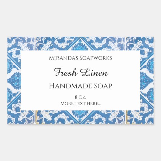 Blauwe witte fijne kornbloem bewerkbare zeepsticke rechthoekige sticker (Voorkant)