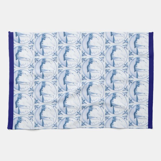 Blauwe witte fijne zeilboot Patroon Blauwe Grens Theedoek (Horizontaal)