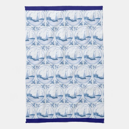 Blauwe witte fijne zeilboot Patroon Blauwe Grens Theedoek (Verticaal)