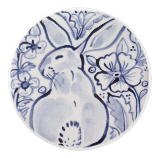 Blauwe witte  Floral Rabbit Drawer Knop (Voorkant)