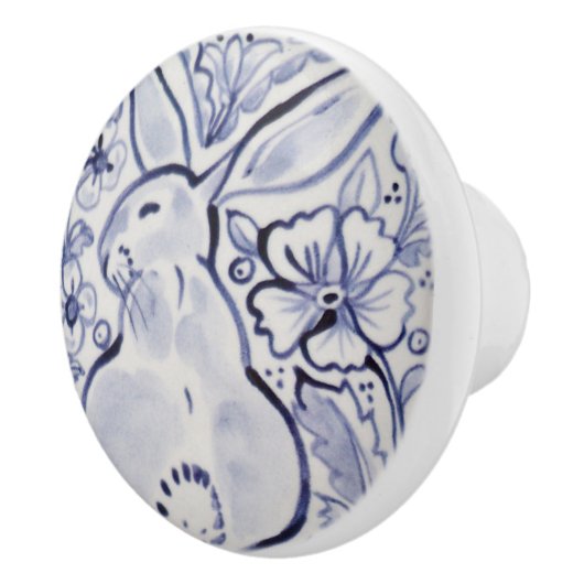 Blauwe witte  Floral Rabbit Drawer Knop (Rechts)