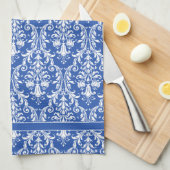 Blauwe witte Floral Swirls Damask 4 Monogram Theedoek (Quarter Fold)