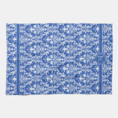 Blauwe witte Floral Swirls Damask 4 Monogram Theedoek (Horizontaal)