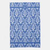 Blauwe witte Floral Swirls Damask 4 Monogram Theedoek (Verticaal)