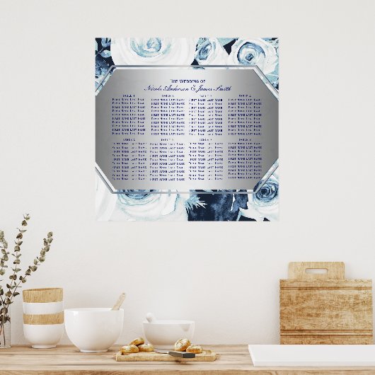 Blauwe witte Floral Winter Wedding Seating Chart Poster (Keuken)