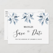 Blauwe witte florale botanische bruiloft Sparen de Briefkaart (Voorkant / Achterkant)