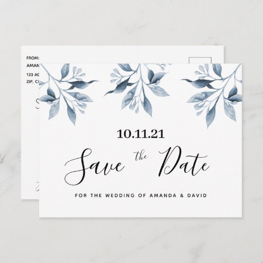 Blauwe witte florale botanische bruiloft Sparen de Briefkaart (Voorkant / Achterkant)