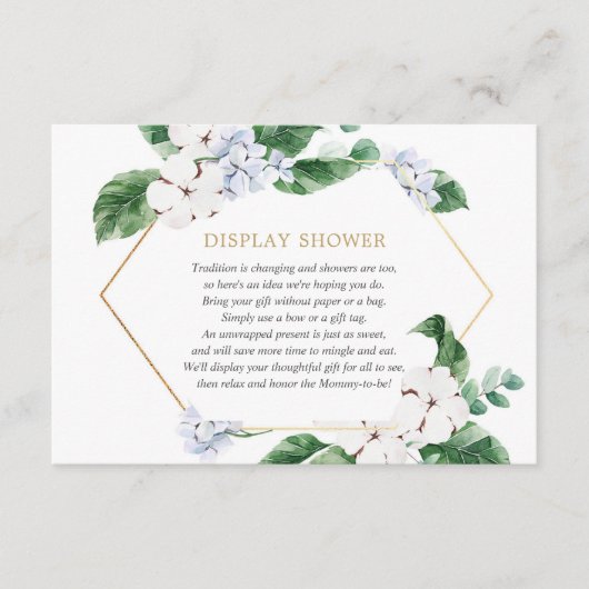 Blauwe witte florale groenergulden gouden douche informatiekaartje (Voorkant)