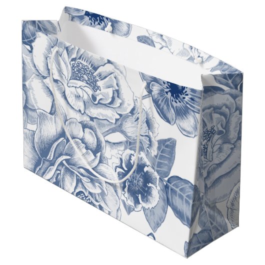 Blauwe witte  florale tas large cadeautasje (Achterkant Gekanteld)