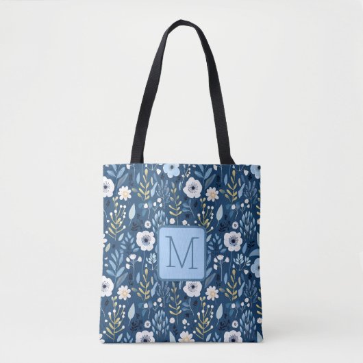 Blauwe, Witte, Gele Bloemen Kleurblok Monogram Tote Bag (Voorkant)