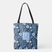 Blauwe, Witte, Gele Bloemen Kleurblok Monogram Tote Bag (Achterkant)