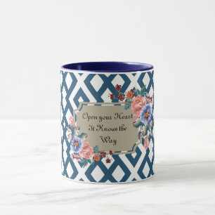 Blauwe/witte geometrische Floral Mok opent uw hart