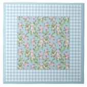 Blauwe witte gingham, roze appelbloesem op blauw tegeltje (Voorkant)