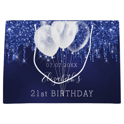 Blauwe witte glitter van de Birthday druppelt ball Groot Cadeauzakje (Voorkant)