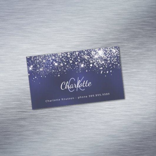 Blauwe witte glittermonogram initialen magnetisch visitekaartje (Voorbeeld)
