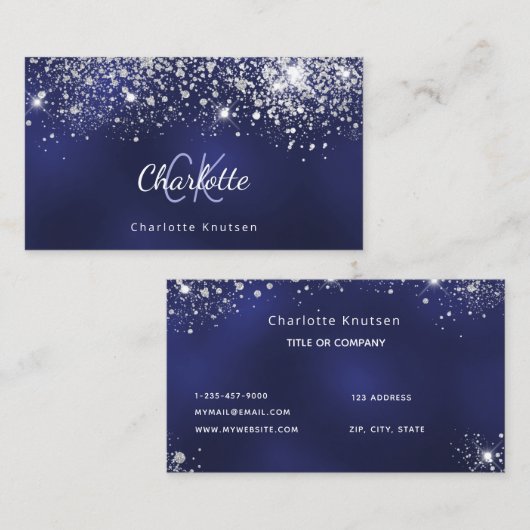 Blauwe witte glittermonogram initialen visitekaartje (Voorkant / Achterkant)